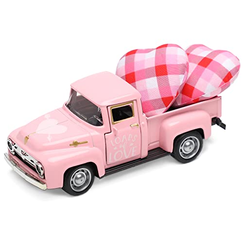 Mini Valentine’s Day Metal Farm Truck with 2 Hearts, Vintage Love Romantic Tiered Tray Decor Diecast Pickup Truck Model for Shelf Table Décor 4.8inch