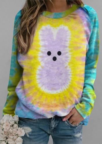 Image of Women's Easter Basic Sweatshirt Crew Neck Long Sleeve Sweatshirt Casual Loose Sweatshirt with Rabbit Print