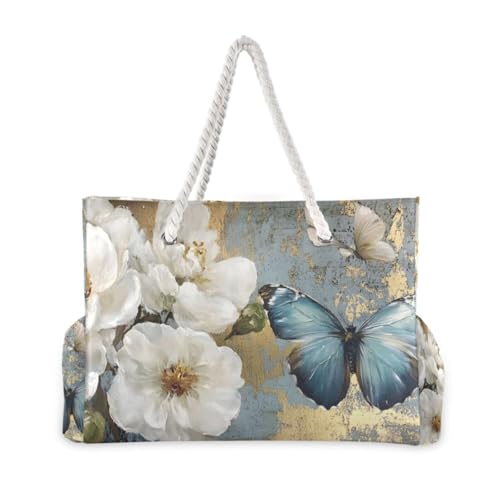 Butterfly Floral White Beach Bag for Women Large Beach Tote Bag Zipper for Swim Gym Travel Daily