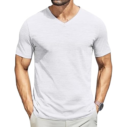 Men Short Sleeve Classic V-Neck T-Shirt Solid Breathable Casual Daily Tee Tops Summer Basic Slim Fit Pullover Shirt (White,Large)