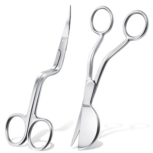Therwen 6 inch Stainless Steel Applique Duckbill Scissors with Offset Handle & 6 Inch Bent Handle Curved Embroidery Scissors for Machine Embroidery Applique Sewing