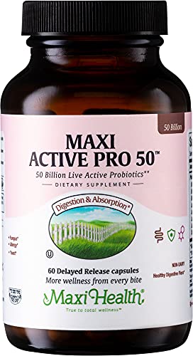 Maxi Health Probiotic Plus Ultimate Prebiotic Advanced Live Probiotics Formula - 50 Billion Live Active Probiotic - 15 Strains - Ultra Protection - Active Pro-50 - 60 Count
