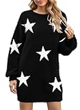 Cutiefox Womens Fuzzy Star Sweaters Oversized Long Sleeve Knitted Pullover Sweater Short Dress Black S