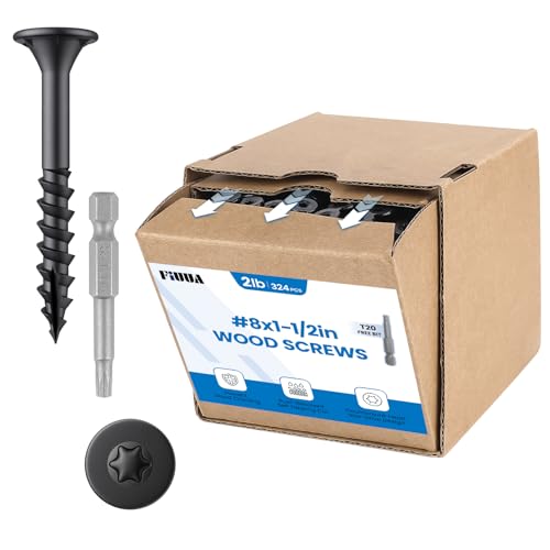 Fiuua #8 x 1-1/2” Deck Screws,2 LB Star Drive Wood Screws, 324Pcs Rust Resistant Timber Screws for Timber/Log/Landscaping Wood, T20 Star Bit Included, Black