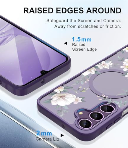 Image of VONZEE Compatible with Samsung Galaxy S25 Plus 5G Case Luxury Retro Flowers Floral Clear for Magnetic Wireless Charging Case Shockproof Case PC+TPU Cute Glossy Shiny Cover for Girls Women, Deep Purple