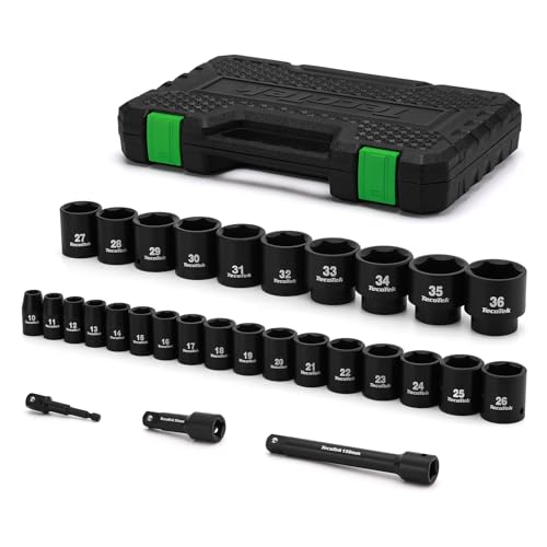 Image of TecoTek 30 Pieces 1 /2-Inch Drive Shallow Metric Impact Socket Set, Cr-Mo, 10mm to 36mm, No Skipped Sizes, 6 Point, Includes Extension Bars, Drill Socket Adapter 1 /2 inch