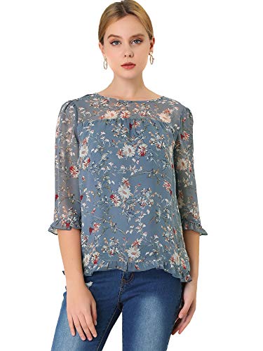 Allegra K Chiffon Blouses for Women Casual 3/4 Length Sleeve Floral Tops