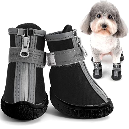 Zunea Pfotenschutz Hundestiefel für Kleine Hunde Wasserdicht rutschfest Welpenschuhe Verstellbar Reflektierend Haustierstiefel Weiche Chihuahua Pfotenschütz Schuhe für Spazierengehen Schwarz 3#
