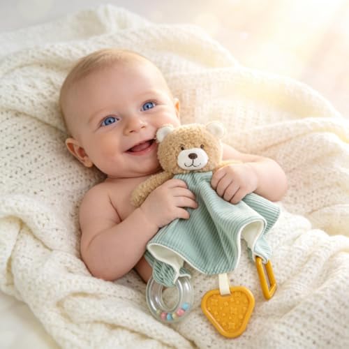 Image of CREVENT 3-in-1 Baby Lovey Blanket with Teether & Rattle | Plush Chewable Animal Head Security Blanket, Birthday Gift - Blue Bear