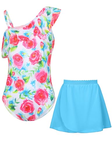 Girls Bathing Suit with Skirt One Shoulder Ruffle Quick Dry Swimsuits Multicolor Sleeveless Swimwear