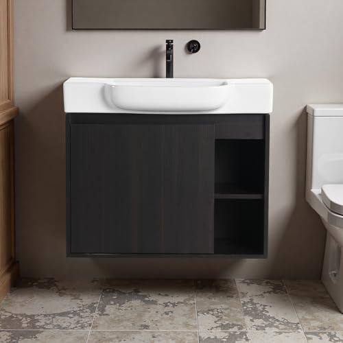 Image of 28 inch Bathroom Vanity with Ceramic Sink, Modern Wall-Mounted Bathroom Vanity with Soft-Close Door & 2 Open Storage Shelves, Farmhouse, Undermount Storage Cabinet, Easy to Clean, Dark Oak