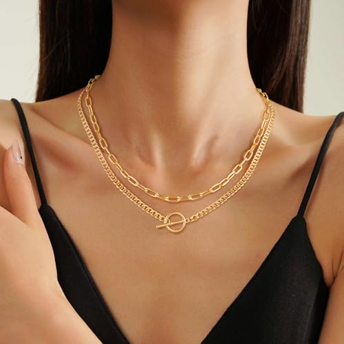 Gold Layered Necklaces for Women, 14K Gold Silver Chunky Chain Necklace Trendy Cuban Link Paperclip Chain Toggle Clasp Dainty Necklace Stacks Non Tarnish Jewelry for Women3