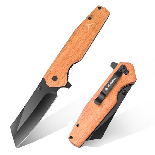 FLISSA Folding Knife 4-3/4 Reverse Tanto Folding Pocket Knife Black Stonewash Blade Wood Handle for Hunting Survival Camping and Outdoor Activities Great Gifts for Dad Husband Friend