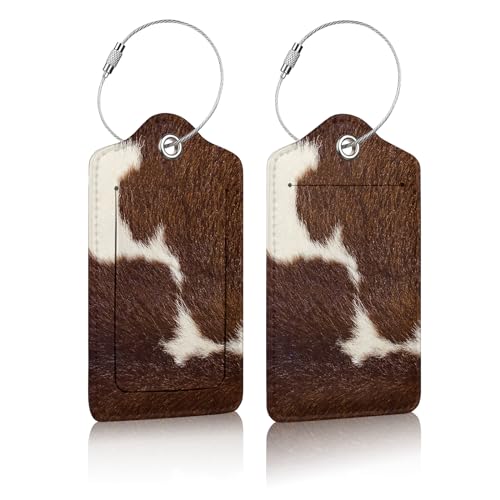 2 Pack Luggage Tag for Suitcases, Cow Hide Brown Leather Baggage Tags Privacy Cover ID Label for Women Men Travel -  mountanlly, 107-36AP