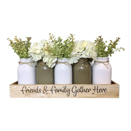 Wood TRAY ENGRAVED *Create Canning Jar Kitchen Farmhouse Table Centerpiece 5 Painted Quart or Pint Jars Distressed *Antique White Gray -Optional Jars Flowers *Friends and family gather here