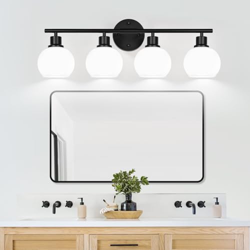 Image of Indoi 4-Light Bathroom Light Fixtures, Black Bathroom Lights Over Mirror with Milky White Frosted Glass Globe Shade, Vanity Lights for Bathroom Kitchen Living Room Hallway Cabinet Bedroom Porch