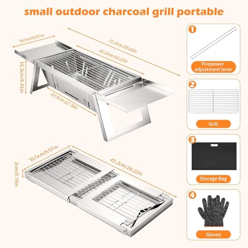 Image of Barbeque Grill Set for Home,Foldable and Portable Charcoal Barbeque Grill Set,Grill Chicken Maker for Home,Includes Grill, Bag, Gloves,Mini Tabletop BBQ Grill with Stainless Steel Body,Silver
