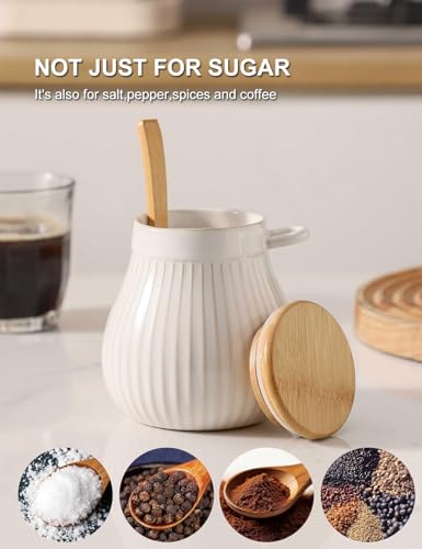 Sugar Bowl with Wooden Lid and Spoon, Ceramic Sugar Container for Coffee Bar, Sugar Jar Holder Sugar Dispenser Bowl for Sea Salt, Spice and Sugar, Glazed White - Image 4
