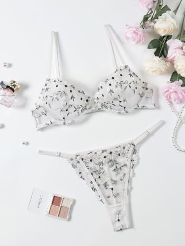 Image of Lilosy Sexy Floral Embroidered Mesh Sheer Underwire Lingerie Set