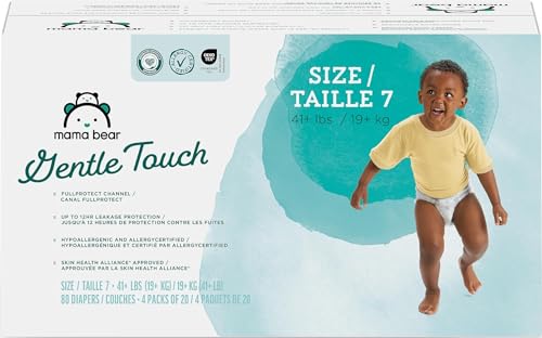 Image of Amazon Brand - Mama Bear Gentle Touch Baby Diapers, Size 7, 80 Count (4 packs of 20), Skin Safe, 12 Hours Protection, Wetness Indicator, Stretchy Waistband