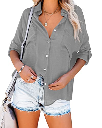 Diosun Womens Button Down Shirts V Neck Casual Long Sleeve Roll Up Loose Plain Blouses Tops with Pockets2