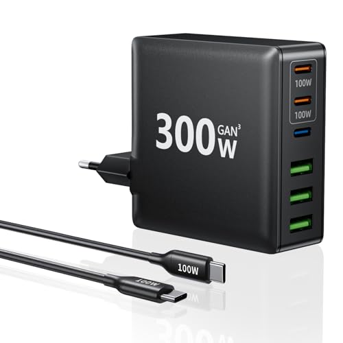 HSSNS 300W USB-C Ladegerät, 6 Port USB Ladegerät Mehrfach Schnellladegerät mit 3 USB-C und 3 USB-A, GaN PD Charger für MacBook iPad Pro/Air, iPhone 17 16 15 Pro Max, Samsung usw.