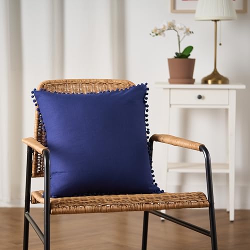 Image of 100% Cotton Pom Pom Cushion Without Filler, Elegant & Modern Cushion Cover for Living Room, Square Shape, 16 inchx16 inch, uni slub, Set of 2 - Navy