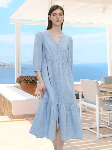 Image of D-Sun Women's V Neck 3 /4 Sleeve Maxi Dress Casual Button Down Tiered Ruffled Flowy Fall Long Dresses