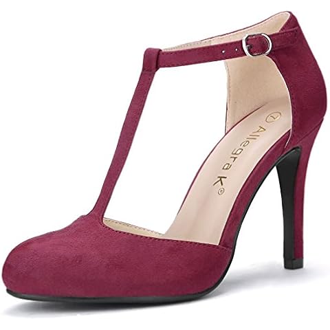 Allegra K Ladies T Bar Sandal Court Shoes Dress Stiletto Heels Pumps Burgundy 4.5 UK/Label Size 6.5 US Cover