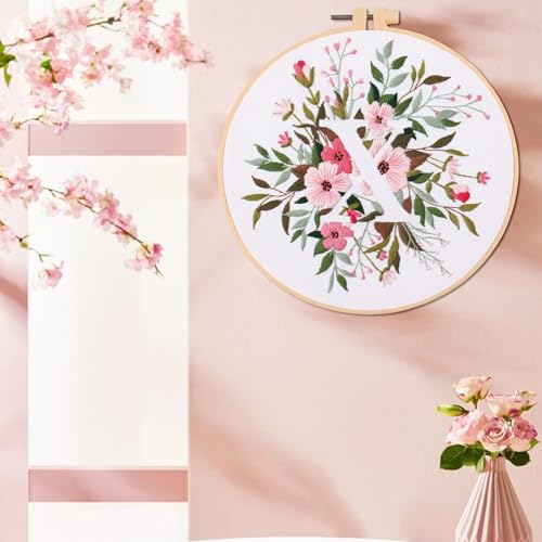 Image of IUHUI Embroidery Kit for Beginners Adults - 26 Floral Letters Easy Patterns, DIY Hand Stitching Embroidery Set with Hoop (Flower and Grass Letter X)