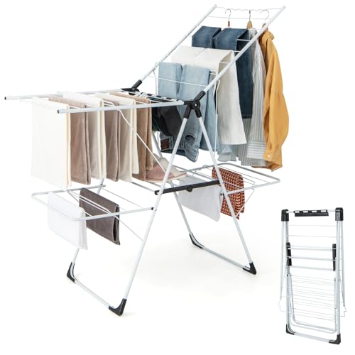 RELAX4LIFE Stendibiancheria Salvaspazio a 2 Livelli con Ali Pieghevoli in Metallico, Altezza Regolabile, Stabile, Stendino Portatile per Calzini Lenzuola Vestiti, Senza Assemblaggio, 145 x 58 x 95cm