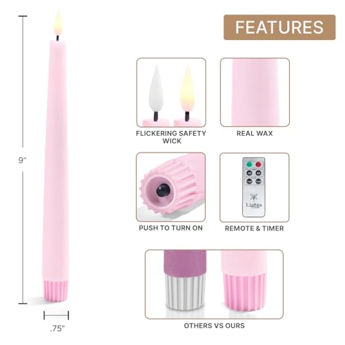 Image of LampLust Flameless Taper Candles with Remote, 9 Inch, 4 Pack Pastel Pink Candlesticks, LED Flickering Flameless Candles for Baby Shower Gender Reveal, Summer Table Decor & Party Decorations