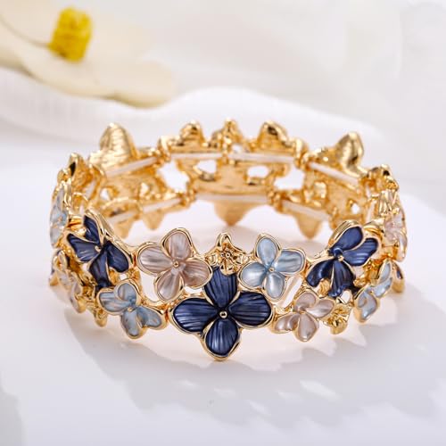 LUREME Gold Sakura Floral Bracelet for Women - Colorful Enamel Flower Stretch Bangle, Adjustable Elastic Cuff (bl003608)4