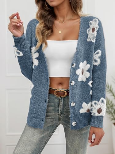 Women's Cardigans Casual Long Sleeve V-Neck Button Down Floral Sweaters Open Front Knit Outerwear2