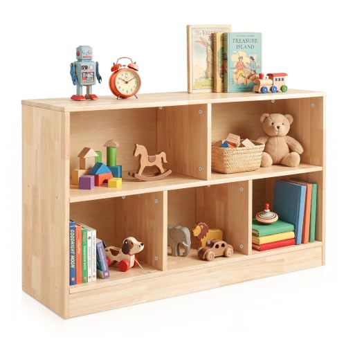 Image of Solid Rubber Wood Kids Storage Cabinet, 5-Section Toddler Montessori Bookshelf, Kids Organizer for Classroom, Playroom, Kindergarten, Medium Size