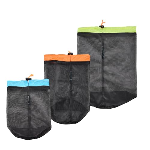 HLIWS Ultra-Light Net Bags Drawstring, Stuff Storage Mesh Drawstring Bags, Travel Stuff Sack, Camping Hiking Visibility Mesh Pouch, 3 Size Selectable,for Camping Hiking(Blue S + Orange M + Green L)