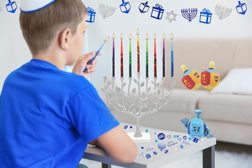 The Dreidel Company Dripless Hanukkah Candles, Multicolored Striped Deluxe Tapered Decorations, 1-Hour Burn Time 45 Menorah Candles for All 8 Nights of Chanukah