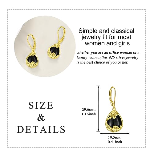 Black Onyx Drop Earrings for Women - Sterling Silver 18K Yellow Gold Plated Filigree Dangle Leverback Jewelry Gifts 5