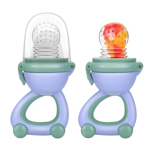 Image of Baby Fruit Food Feeder Pacifier - Fresh Fruit Teething Toy 6M+, BPA Free Safely Introduce Solids Teething Relief Toy Includes Add Silicone Sacs, 2-Pack (Blue)