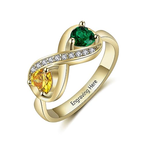 10K 14K 18K Gold Personalized Infinity Rings for Women, Custom 2 Heart Birthstones Engraved Ring Jewelry Gift for Anniversary Mother's Day Christmas Birthday