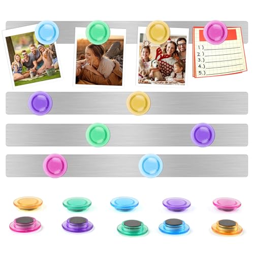 Magnetleiste, 4 Stück Magnetleiste Selbstklebend Metall mit 10 Farbige Starke Magnete, Magnettafel Selbstklebend Silbrig Rostfrei für Büro, Pinnwand, Fotowand, Dokumente und Kühlschrank