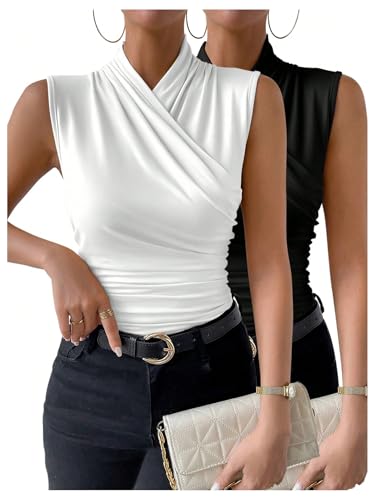 SOLY HUX Women's 2 Piece Tank Tops Ruched Wrap Mock Neck Sleeveless Slim Fit Casual Summer Top3