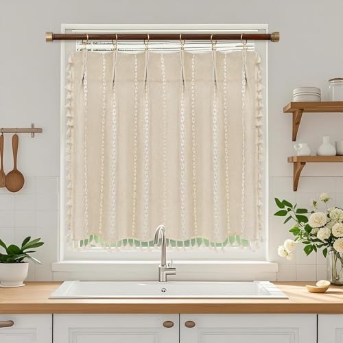 Beige Boho Farmhouse Window Curtain with Tassels, 30 x 36 Inch Light Filtering Sheer Short Cafe Window Curtain Tier, Linen Textured Pleated Small Wind