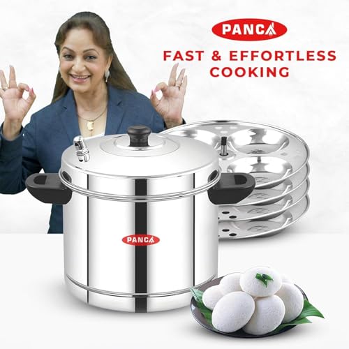 Image of PANCA Stainless Steel Idli Maker 4 Plates | 16 Idlies Steamer for Home Kitchen | Heavy Duty Idli Cooker 15 Litre with Induction & Gas Compatible Base | Multi-Purpose Cookware Pot 4 Plate Idli Maker (4 Plate Idli Cooker)