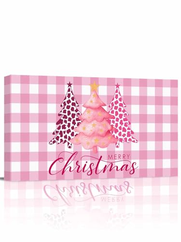 Christmas Tree Modern Canvas Wall Art 12x24 inch, Winter Pink