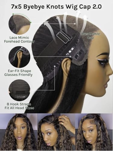 Image of KLAIYI Golden Brown Water Wave Bye Bye Knots Glueless Wig Human Hair Highlight 7x5 Precut Lace Front Pre Plucked Bleached Ombre 3S Ready to Wear Go Beginners Wig with Dark Roots Deep Curly Wave 22Inch