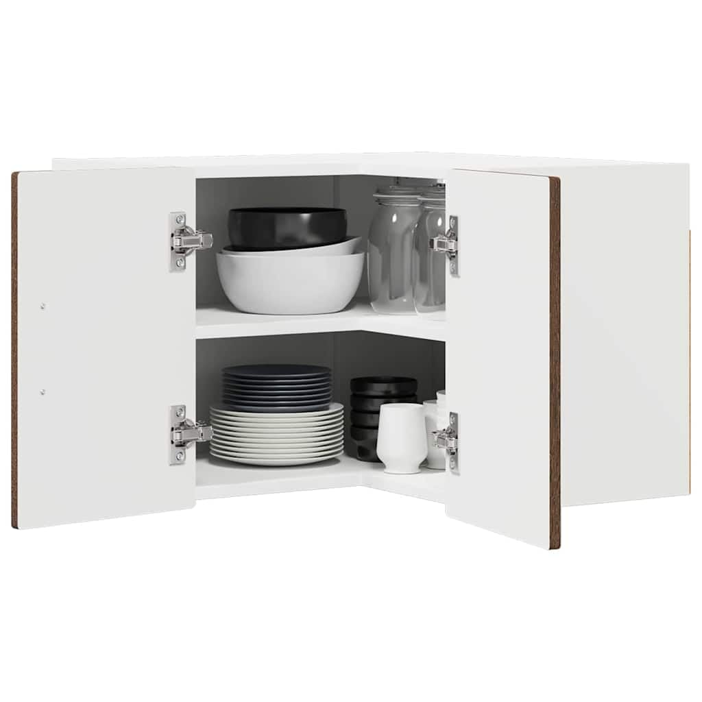 Armario esquinero de pared Porto en aspecto de roble marrón, 57 x 57 x 40 cm, 2 estantes, 2 puertas, armario colgante para almacenamiento y almacenamiento en cocina moderna
