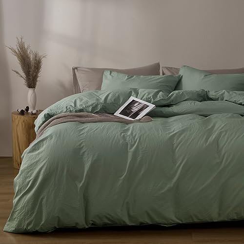 Phf 100% Cotton Duvet Cover King Size, 3Pcs Washed Cotton Linen Like Comforter Cover, Soft Breathable Durable Cooling Duvet Cover For Hot Sleepers, 104" X 90", Sage Green #TOP16