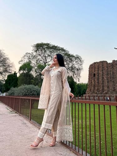 Image of Royal Export Women's Chanderi Ethnic Motif Embroidered Kurta Pant with Organza Dupatta