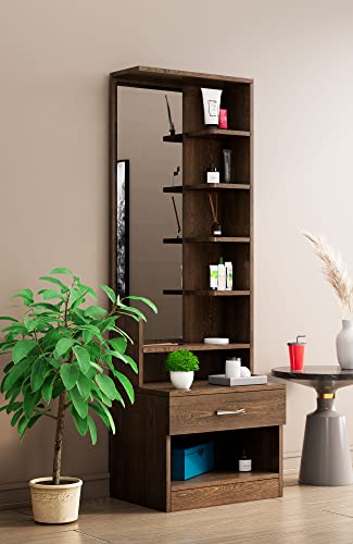 Image of Bniture Wooden Dressing Table for Bedroom with 1 Drawer, Mirror and Huge Storage Space | Long Dresser Vanity Table with Mirror (42D x 60W x 180H CM) | 1 Year Warranty (Flower Wenge, HXDR102)
